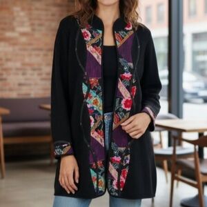 KOOS Black Open-Front Cardigan with Absyract Floral Panels